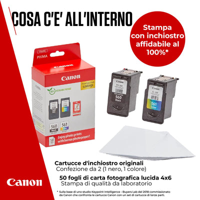 Canon Tinte & Papier Multipack - PG-560/CL-561 Original Drucker-Tintenpatronen 2er-Pack (1 x Schwarz, 1 x Farbe) & 4x6 Fotopapier (50 x Blatt) - Kompatibel PIXMA Druckern