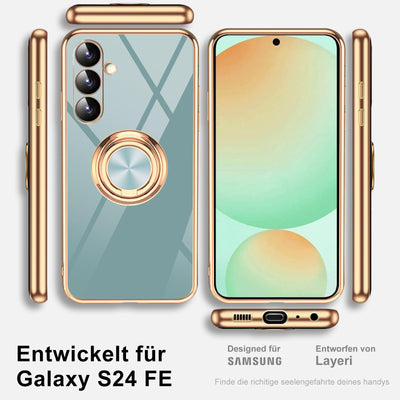 Layeri für Samsung Galaxy S24 FE Hülle mit Schutzfolie Galvanik Glitzer Silikon Handyhülle Samsung S24 FE 5G Ring Ständer Kameraschutz Kratzfest Stoßfest Dünn Schutzhülle Galaxy S24 FE 5G Hülle