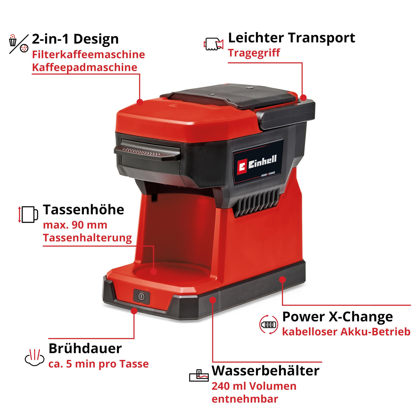 Einhell Akku-Kaffeemaschine TE-CF 18 Li-Solo Power X-Change (18 V, 240 ml Wasserbehälter, für Filterkaffee & Kaffeepads, Tragegriff, inkl. Kaffeetasse mit Deckel, ohne Akku)