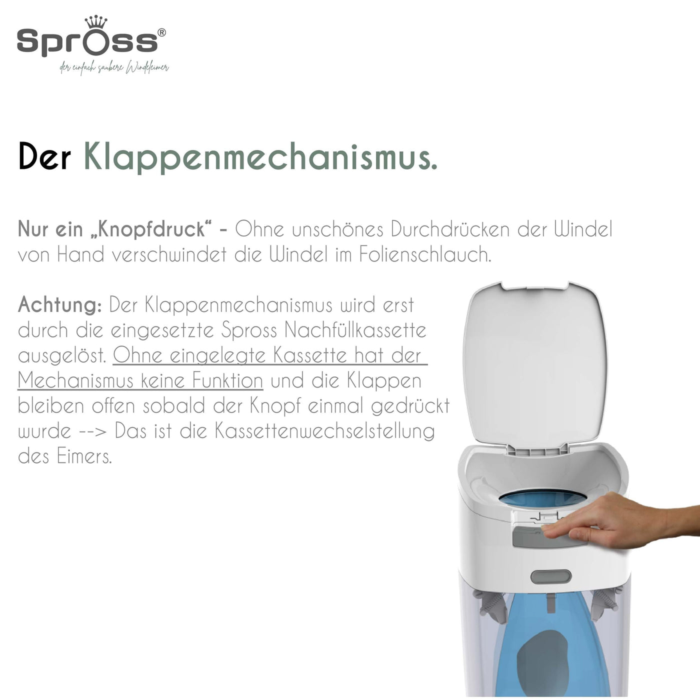 Spross Baby Windeleimer inkl. Nachfüllkassette - geruchsdichtes System mit Einhandbedienung - Mülleimer für Baby Windeln, weiß-grau