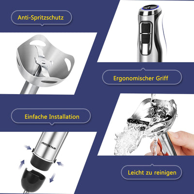 Aigostar Buckle - Stabmixer Set 4 in 1, Pürierstab Edelstahl 1000 W, Rührstab mit 6 Geschwindigkeiten, Zauberstab Mixer mit 600ml Messbecher, 500ml Lebensmittelhacker, 1 Schneebesen.