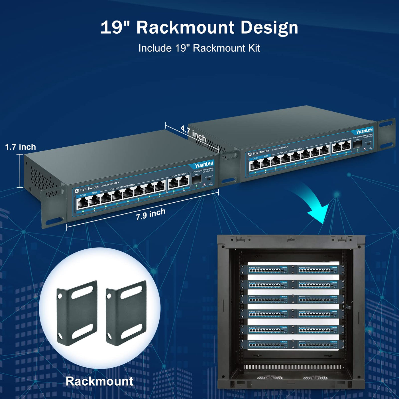 YuanLey 11 Port Gigabit PoE Switch, 8 PoE+ Port 1000 Mbit/s, 2 Gigabit Uplink, 1 SFP Port, 120W 802.3af/at, Metall, Qos, Nicht Verwalteter Plug and Play Ethernet Smart Detection Ethernet Switch