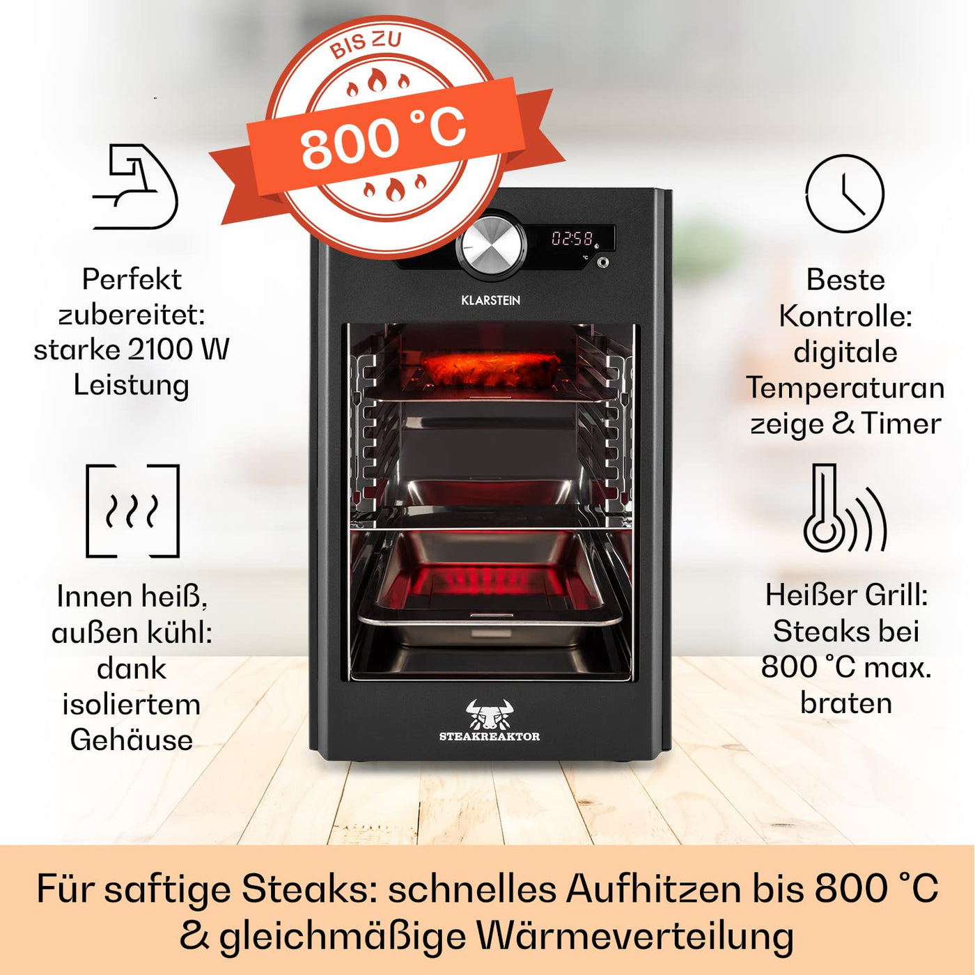 Klarstein Steakreaktor Core - Hochtemperaturgrill, 2100 W, Temperaturbereich: 200-800 °C, Indoor Grillgerät, Strahlungs-Heizelement, schwarz