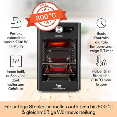 Klarstein Steakreaktor Core - Hochtemperaturgrill, 2100 W, Temperaturbereich: 200-800 °C, Indoor Grillgerät, Strahlungs-Heizelement, schwarz