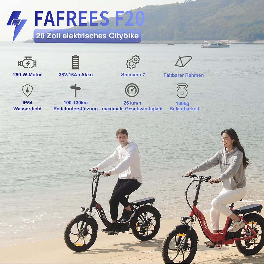 Fafrees E Bike Klapprad, 20 Zoll Electric Fahrrad für Herren/Damen Bis 25 km/h mit 36V 16AH abnehmbarem Akku 250W Motorund, Mountainbike mit 7S Gängen, F20 Rot