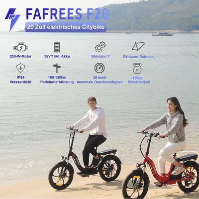 Fafrees E Bike Klapprad, 20 Zoll Electric Fahrrad für Herren/Damen Bis 25 km/h mit 36V 16AH abnehmbarem Akku 250W Motorund, Mountainbike mit 7S Gängen, F20 Rot