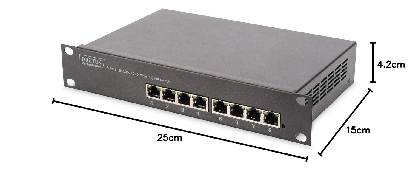 DIGITUS Gigabit Ethernet Netzwerk-Switch - 10 Zoll - 8 Ports - Unmanaged - Backplane 16 Gbps - Auto MDI/MDI-X - Schwarz