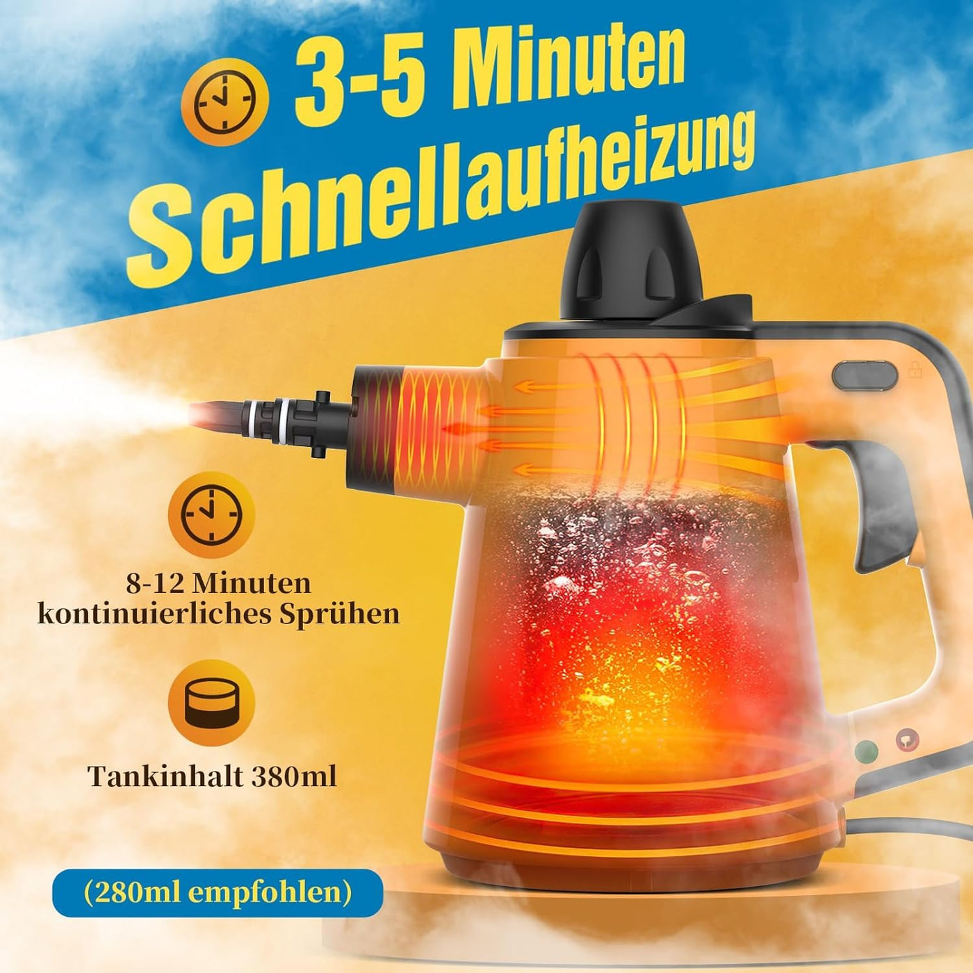 Dampfreiniger Boden, 1050W Mehrzweck Dampfreiniger Handgerät 10 Aufsätzen 3,5 Bar Hochdruck Chemikalienfrei, Handdampfreiniger für alles Polstermöbel Bad Auto Fenster Fliesen Teppich Sofa Badezimmer