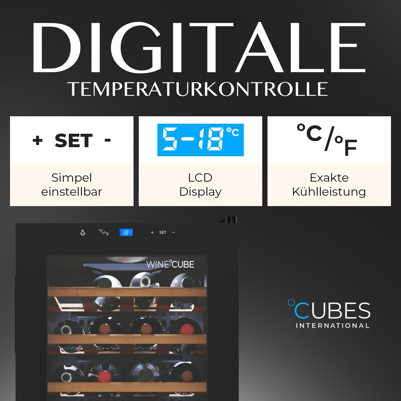 °CUBES Weinkühlschrank 28 Flaschen (90L) mit eleganter Glastür & hochwertigen Regalen aus Buchenholz | 5-18°C, vibrationsarm & leise (40dB) | Weinschrank mit LED Display - Tolles Geschenk