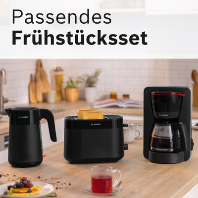 Bosch Filterkaffeemaschine MyMoment TKA2M113, Glaskanne 1,25 L, für 10-15 Tassen, 40min Warmhaltefunktion, Tropfstopp, schwenkbarer Filterträger, abnehmbarer Wassertank, 1200 Watt, Schwarz matt