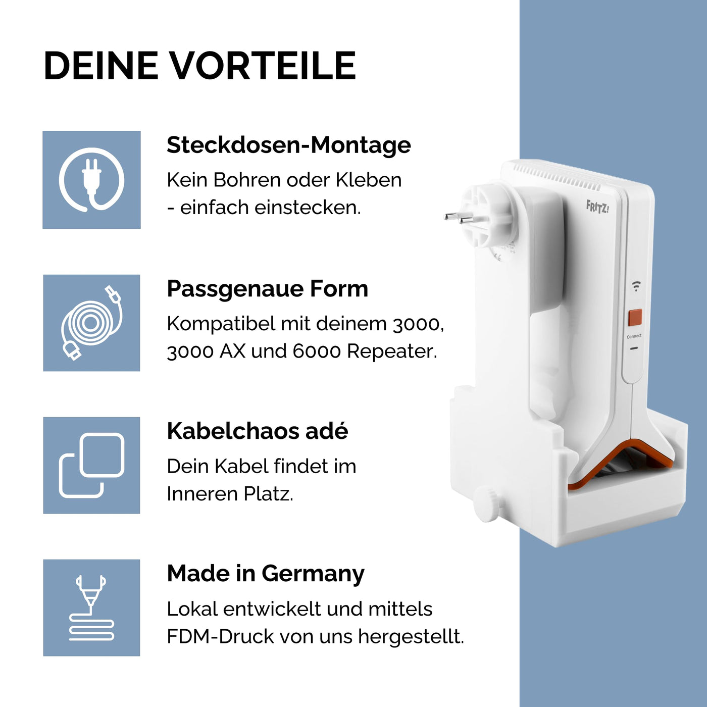 Cleverstation Repeater Wandhalterung Steckdose - für Fritz Repeater 6000 & Repeater 3000 & 3000AX, Steckdosenhalterung, AVM Repeater Zubehör, Internet Verstärker Halterung, Verstärker Steckdose Halter