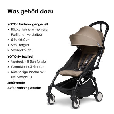 BABYZEN YOYO2 Kinderwagen (Kinderwagengestell Black und 6+ Textile Set Taupe) - Inklusive Gurt, Rückenlehne, Verdeckbügel, Schultergurt, Aufbewahrungstasche, Sitzpolster und farbgleichem Verdeck