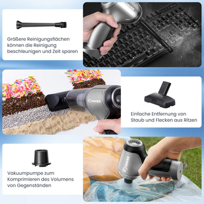 Saker Handstaubsauger Auto Handheld Kabelloser, 3 in 1 Druckluft Multifunktionale Brushless Motor 12KPA High Power mit USB-C, Kleiner Staubsauger, für Outdoor, Office Reinigung und Tierhaare