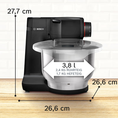 Bosch Küchenmaschine MUM Serie 2 MUMS2EB01, Edelstahl-Schüssel 3,8 L, Planetenrührwerk, Knethaken, Schlag-, Rührbesen Edelstahl, Durchlaufschnitzler, 3 Scheiben, 700 W, schwarz