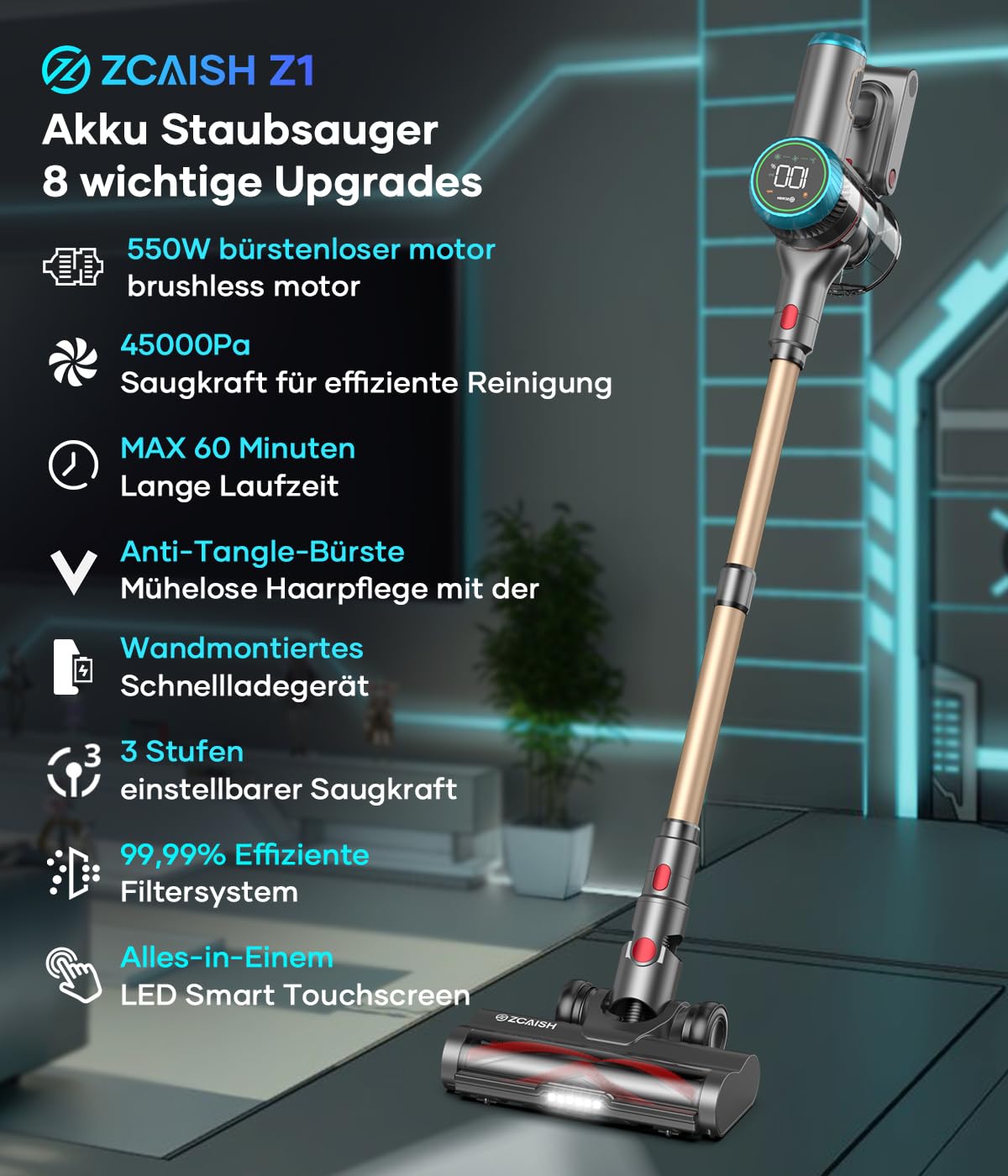 Aspirateur sans fil ZCAISH, 45000Pa/550W/60 minutes Aspirateur sans fil avec écran intelligent, aspirateur avec chargement mural et brosse anti-enchevêtrement pour tapis, sols durs et poils d'animaux (mise à niveau)