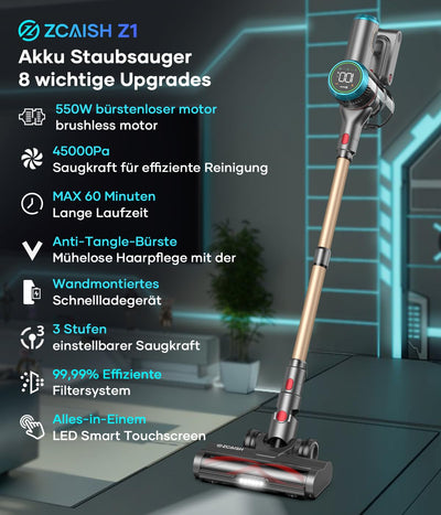 Aspirateur sans fil ZCAISH, 45000Pa/550W/60 minutes Aspirateur sans fil avec écran intelligent, aspirateur avec chargement mural et brosse anti-enchevêtrement pour tapis, sols durs et poils d'animaux (mise à niveau)