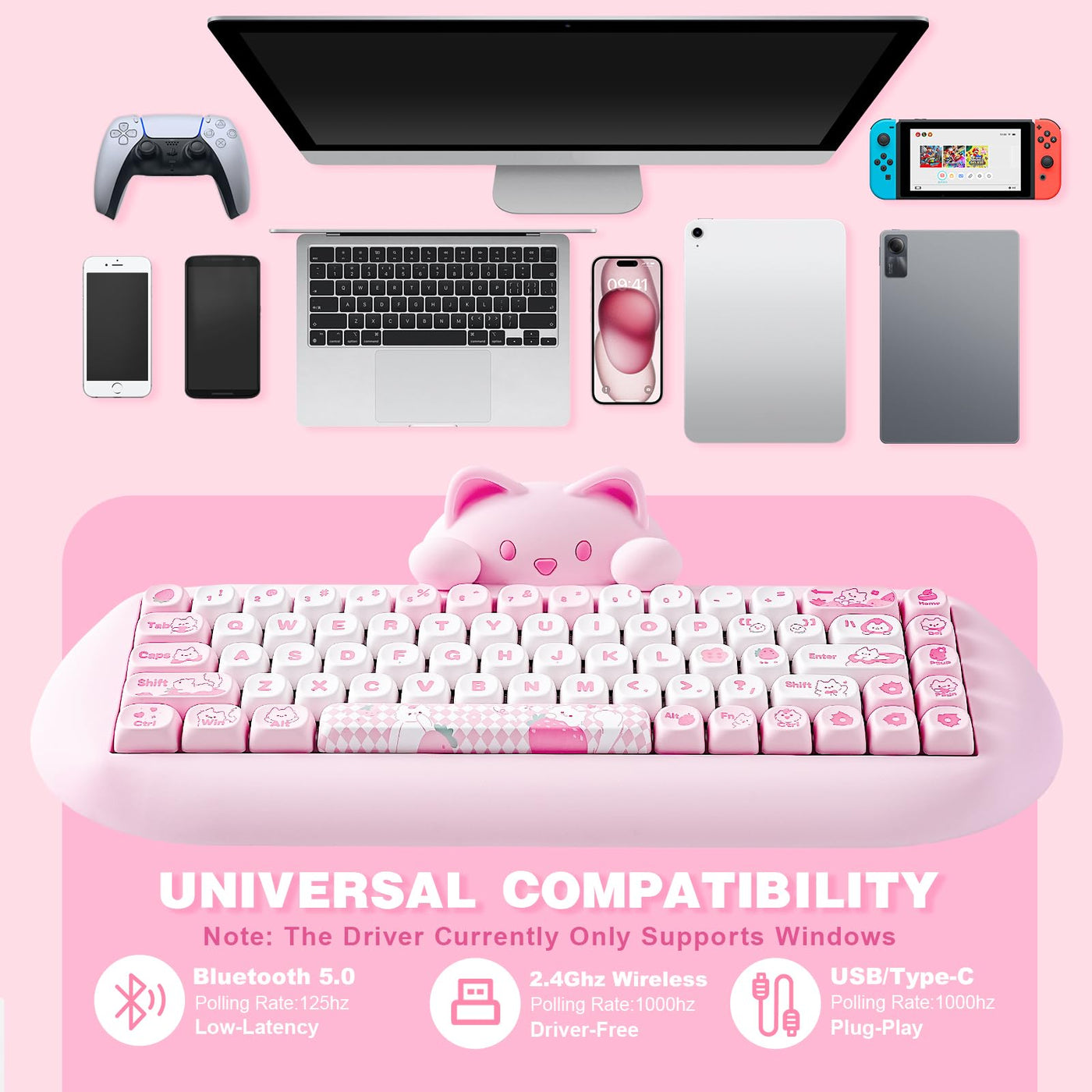 YUNZII C68 Drahtlose Mechanische Tastatur,65% Gaming Tastatur Hot Swap,Triple Mode BT5.0/2.4G/Wired Tastatur,RGB Backlit NKRO,Katze Silikon Ergonomie Tastatur Win/Mac(Milchschalter,Pink Cat)