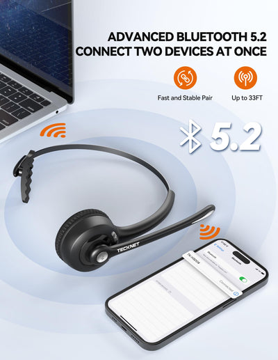 TECKNET Bluetooth Headset mit Mikrofon, kabelloses PC Headset, Rauschunterdrückung und Freisprechen Chat Headset für Computer, Callcenter, Telefonkonferenzen, Super Leicht, Ultra Komfort