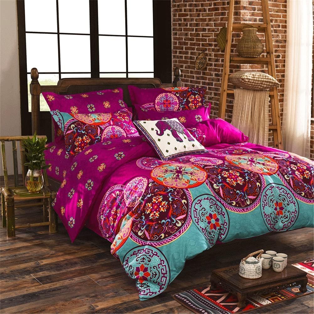 Freyamy Boho Bettwäsche 135x200 4teilig Indisch Exotische Vintage Bohemian Fuchsia Türkis Bunt Muster 100% Mikrofaser Bettbezug Kissenbezug 80x80 Böhmisch Bettbezüge