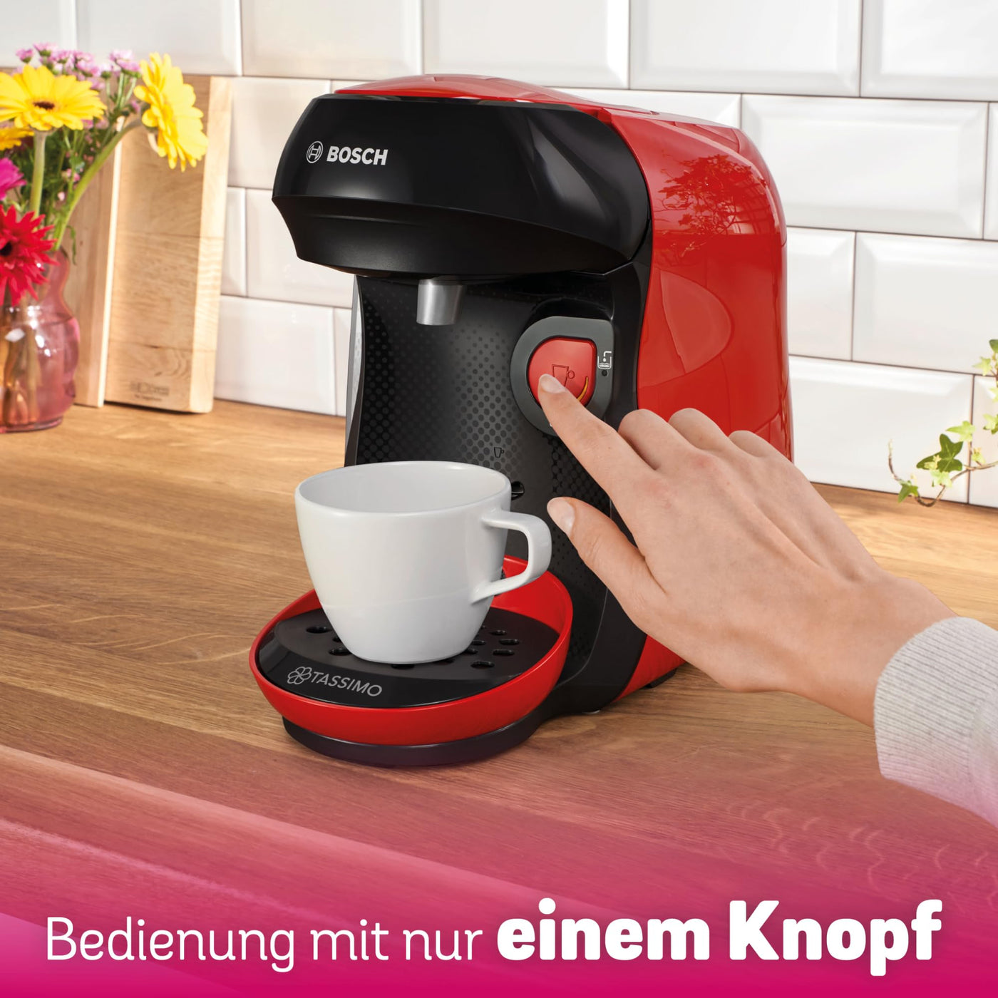 Bosch Tassimo happy friendly Kapselmaschine TAS103E, über 70 Getränke, geeignet für alle Tassen, Abschaltautomatik, nachhaltig, perfekt dosiert, platzsparend, 1400 W, rot/schwarz