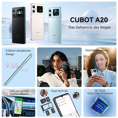 CUBOT A20 Smartphone Ohne Vertrag Android 14,6.8'' HD+ Octa-Core 90Hz Günstig Handy,12GB+128GB/1TB Erweiterbar Dual SIM 4G Simlockfreie Handys,48MP+16MP,5100mAh,1,83'' Rückbildschirm,OTG-Blau