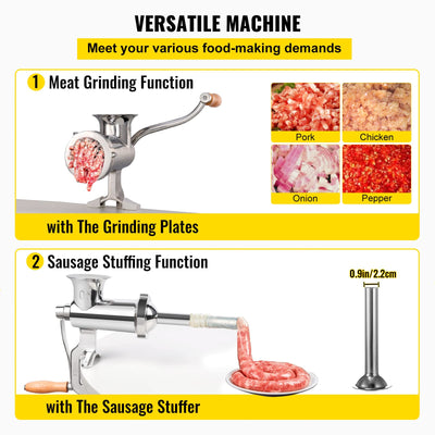 VEVOR Manuelle Fleischmühle, alle Teile Edelstahl, handbetriebene Fleischmahlmaschine mit Tischklemme, 2 Schleifplatten & Wurstfüller, ideal für Zuhause Küche Restaurant Metzgergeschäft, Silber