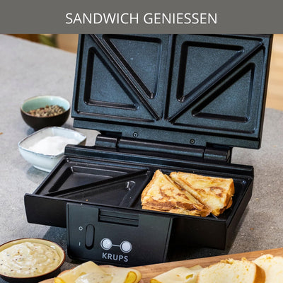 Krups Sandwichmaker FDK451 | für gegrillte Sandwichtoasts in Dreiecksform | Antihaftbeschichtete Platten (Leichte Reinigung, kein Anbrennen) | Aufheiz & Temperaturkontrolle | 850 W | 31.6x15.5x29.5cm