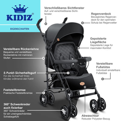 KIDIZ® Kinderwagen City-Pro Buggy Kinderbuggy klappbar Liegebuggy Sportwagen Faltbar 360° 6-Zoll-Rädern Inkl. Moskitonetz, Fußsack und Regenverdeck zusammenklappbar Schlaffunktion Anthrazit