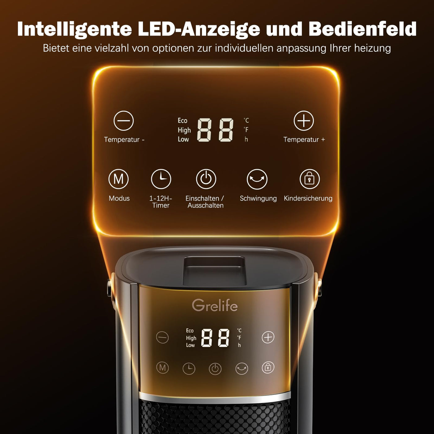 Grelife Heizlüfter Energiesparend 2000W PTC Ceramic Heater mit Fernbedienung 70° oszillierend, 3 Modi, 12 Stunden Timer, Überhitzungs- und Kippschutz tragbar für Schlafzimmer