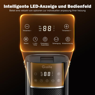 Grelife Heizlüfter Energiesparend 2000W PTC Ceramic Heater mit Fernbedienung 70° oszillierend, 3 Modi, 12 Stunden Timer, Überhitzungs- und Kippschutz tragbar für Schlafzimmer