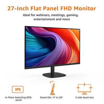 Amazon Basics Écran 27 pouces (68,6 cm), FHD 1080p, max. 100 Hz, compatible VESA, haut-parleurs intégrés, noir