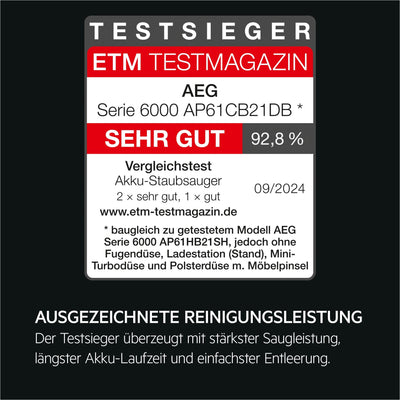 AEG 6000 Akku-Staubsauger / 103.000 U/Min / 175.000 dPa / Digitalmotor / Kabellos / bis zu 99 % Staubaufnahme / 40 min Laufzeit / Einfache Handhabung / Entnehmbarer 21,6 V Akku / leicht / AP61CB21DB