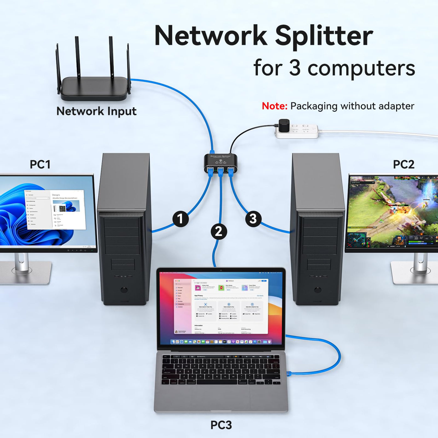 VEDINDUST LAN Switch 1 Auf 3 1000Mbps Netzwerk Splitter Aluminium Gigabit Ethernet Verteiler Mit USB-C-Netzkabel für Computer, Router, Set-Top Box