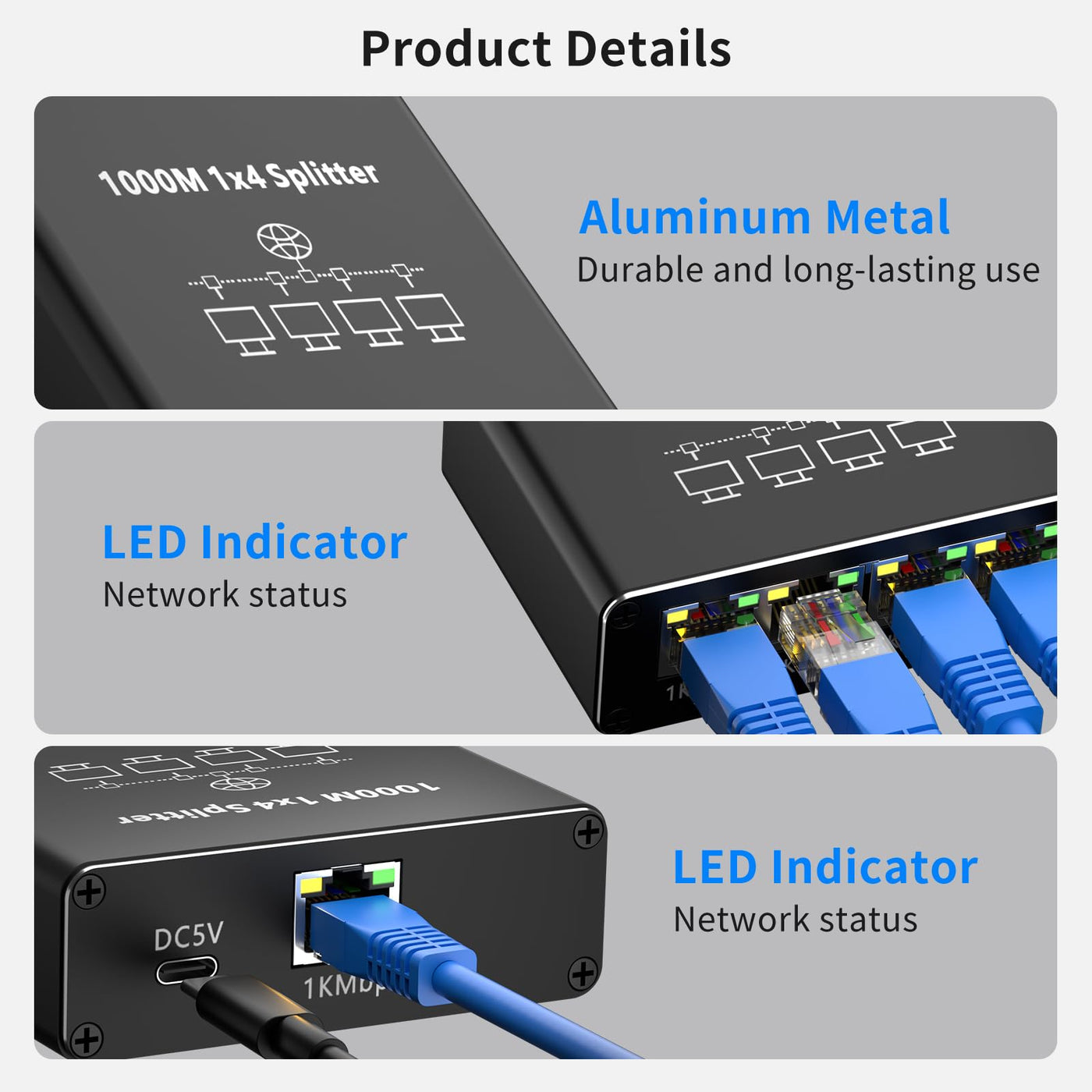 AOUZEA LAN Splitter 1 auf 4 1000Mbps Ethernet Splitter LAN Switch 4 Port Mit USB-C Stromkabel Netzstecker Gigabit Switch für Computer, Hub, Netzwerk Switch, Router, Set-Top Box, Digital TV