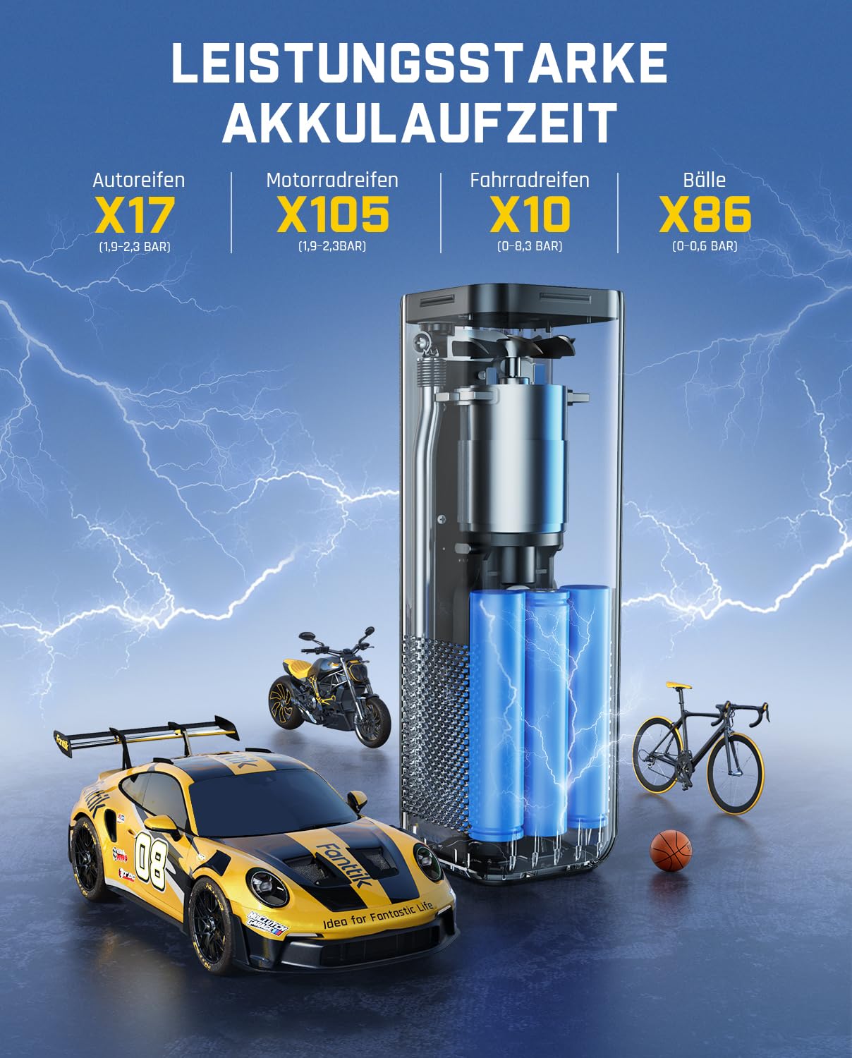 Fanttik X8 APEX Tragbare Elektronische Luftpumpe 11.1V, 10,3BAR / 150PSI Elektrischer Kompressor 2X Schneller, Dualer Bildschirm mit LED, für Auto, E-Bike, Motorrad, Ball, 26,3 cm Reifen