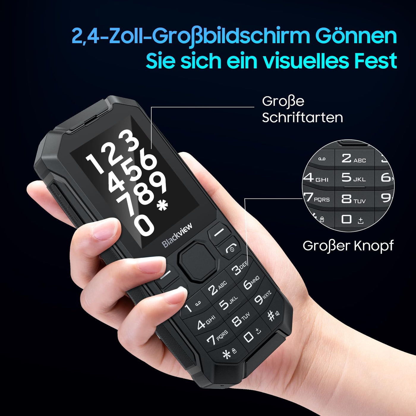 Blackview N1000 Mobile 4G Seniorenhandy Ohne Vertrag mit Dual 4G SIM mit Notruftaste | Outdoor Handy | 3300mAh Akku Lange Standby-Zeit | Großtastenhandy mit Ladestation | 2,4" Farbdisplay