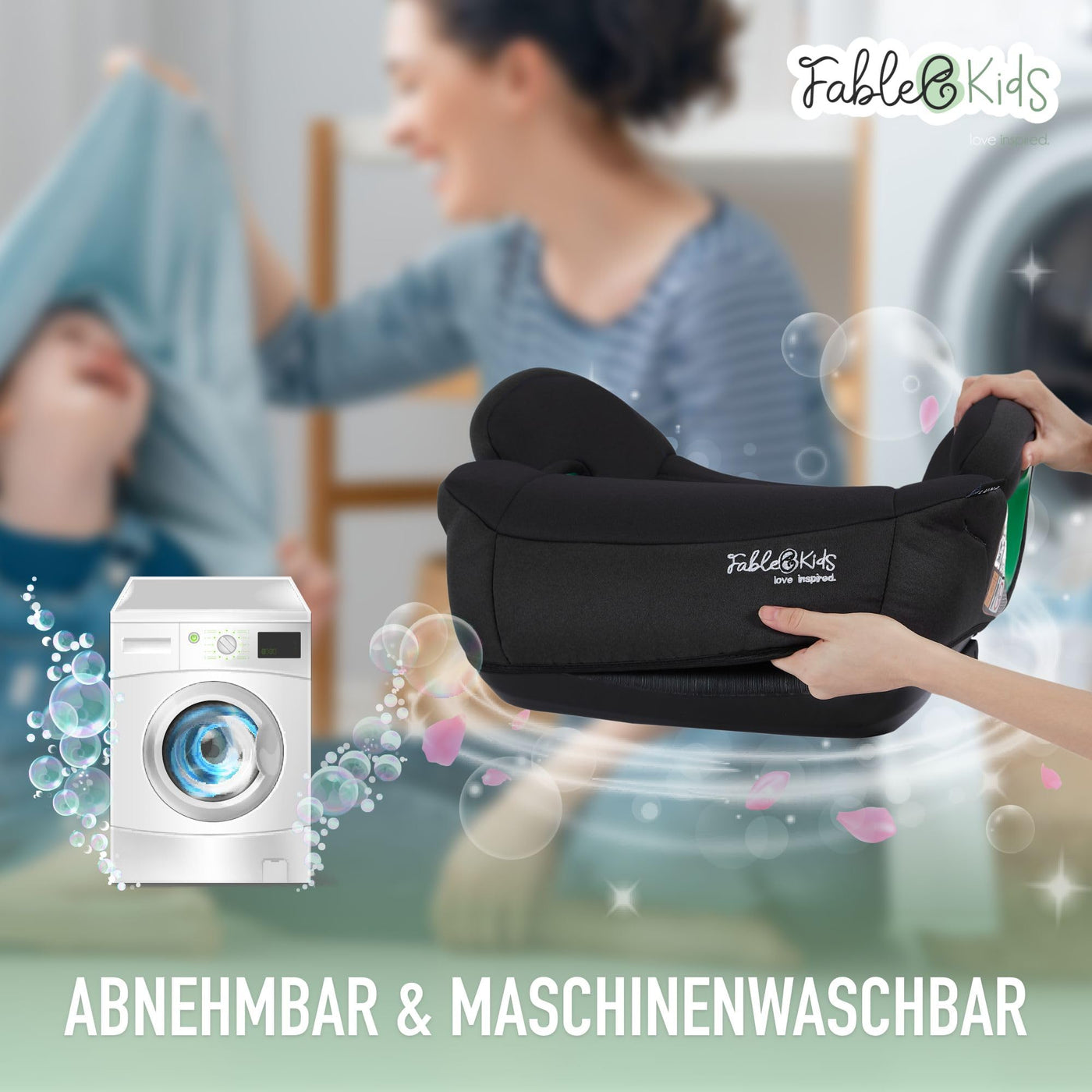 FableKids Sitzerhöhung Auto Kinder Isofix | 3-Punkt-Sicherheitsgurt | Kindersitzerhöhung bis 5 Jahre | Autositz für Kinder 125-150cm mit Becherhalter | ECE R129/03 | Schwarz