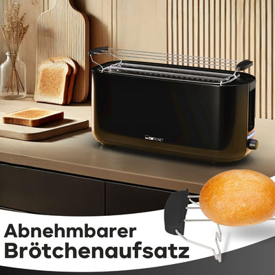 Clatronic Toaster 4 Scheiben | Toaster mit Brötchenaufsatz | Langschlitztoaster mit Auftau-/Aufwärm-/Schnellstoppfunktion | Toaster schwarz auch für Toastbrötchen & Fertigwaffeln | TA 3802 schwarz