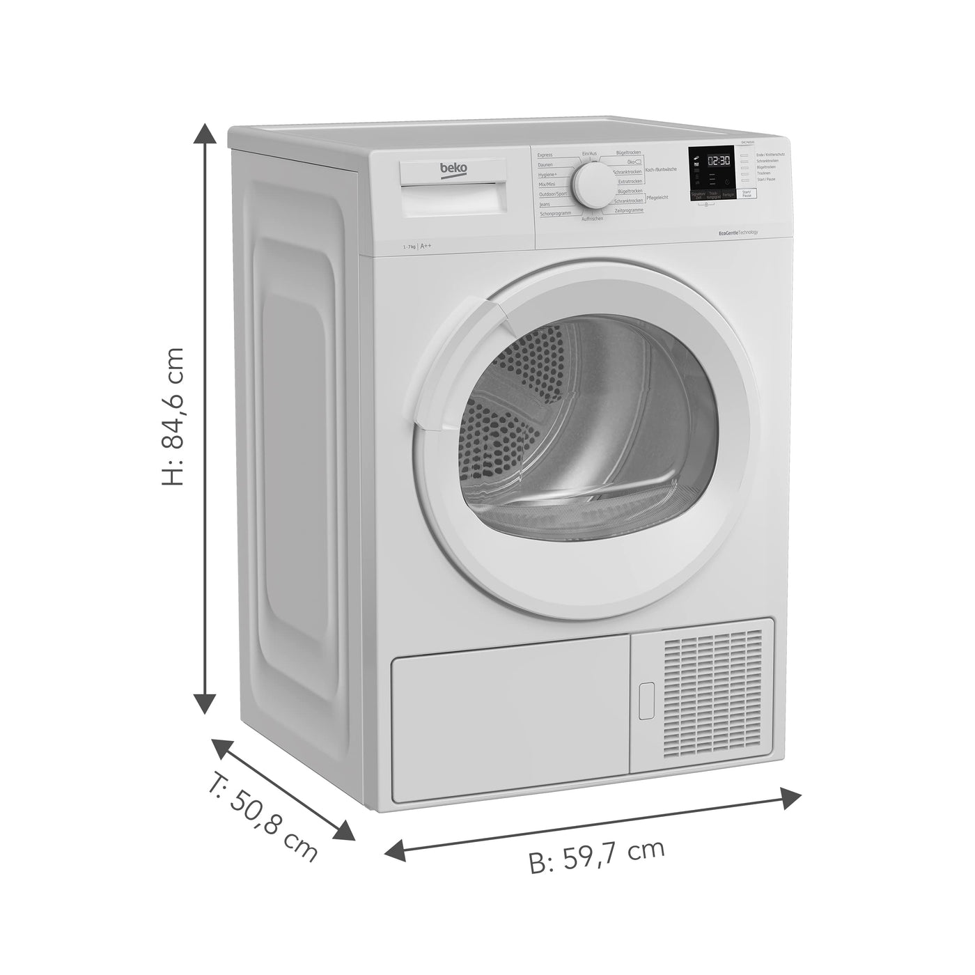 Beko DHC742GXS b300 Wärmepumpentrockner, Frontlader, 7 kg Beladungskapazität, nur 50,8 cm tief, 15 Programme, Sonsortrocknung, Knitterschutz, Allergikergeeignet, Säulenfähig, Schontrommel, Weiß