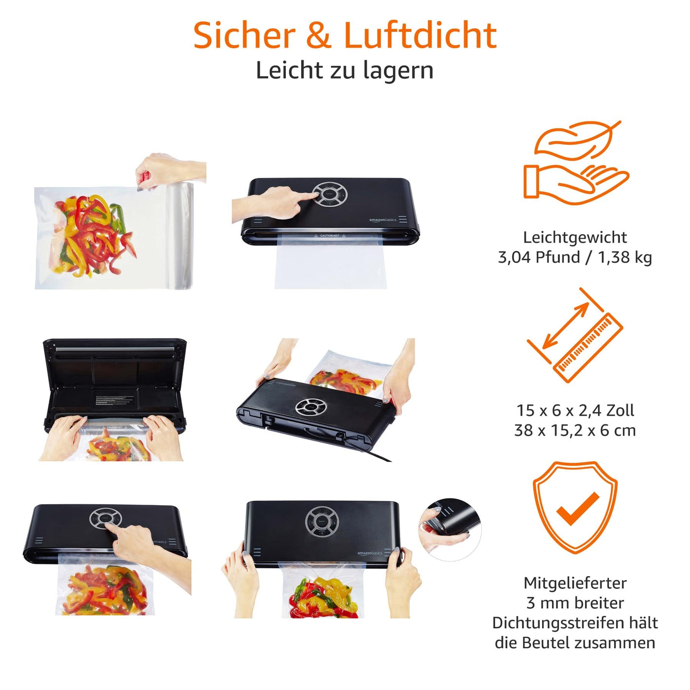 Amazon Basics - Vakuumierer, 30 cm Naht + 10 Vakuumierbeutel, Schwarz