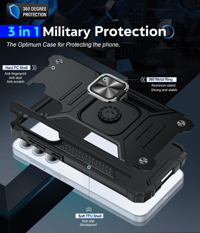 LeYi Handyhülle für Samsung Galaxy A55 5G Hülle 2 Stück Schutzfolie & 2*Kamera Folie, Rugged Militärischer Ständer Schutzhülle 360° Metall Ring Halter Stoßfest Hardcase A 55 Cover Case Schwarz