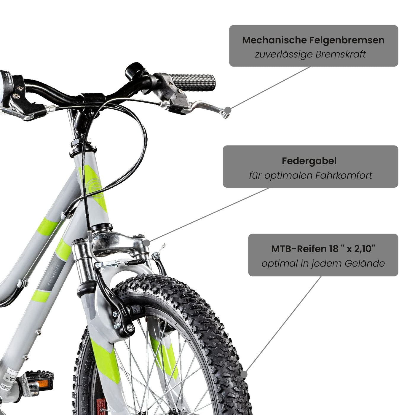 Galano GA20 Kinder Fahrrad ab 115-130cm oder 5 Jahre 7 Gang Mountainbike 18 Zoll für Mädchen oder Jungen Kinderfahrrad Hardtail MTB vorne gefedert, leicht (22 cm, grau/grün)