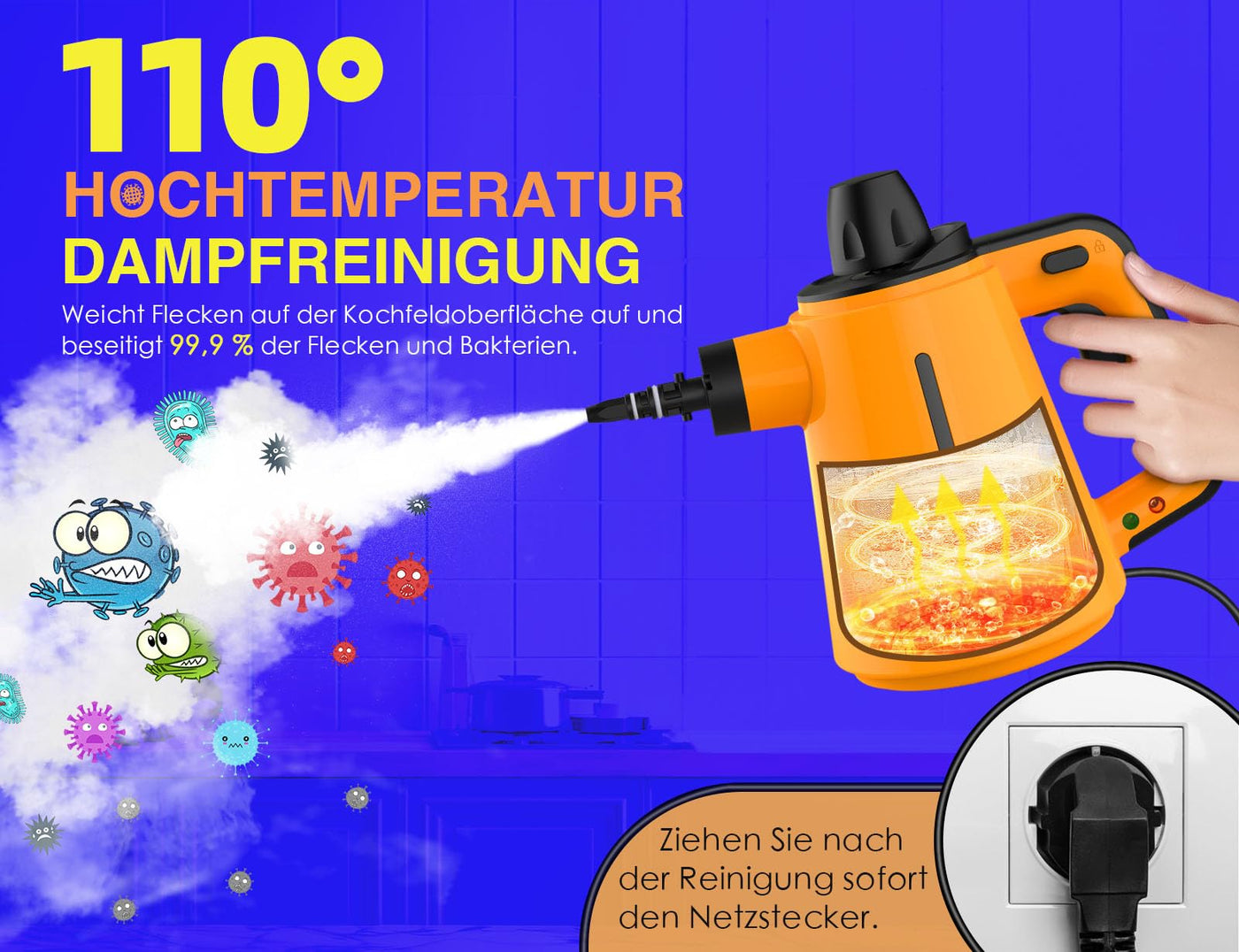 Dampfreiniger, Dampfreiniger Boden mit 10 Zubehörteilen, 3,5 Bar Dampfdruck 380 ml 1050W – Dampfreiniger Handgerät Für Böden Polstermöbel Fugen und Autos, Entfernt Schmutz und Fett