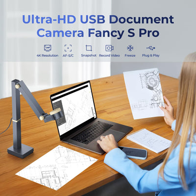 CZUR 12MP USB-Dokumentenkamera 4K Auflösung, Visualizer mit Dual-Auto-Fokus, 60FPS, A3-Format, LED Licht, MIC, Drehen, Spiegeln, Faltbarer Document Camera für macOS und Windows | Fancy S Pro