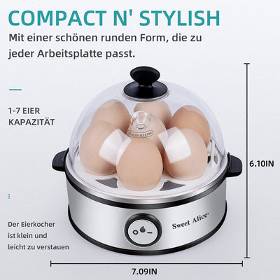 Sweet Alice Eierkocher Edelstahl, Eierkocher Testsieger, Eierkocher für 1-7 Eier mit Härtegradeinstellung, Indikationsleuchte Abschaltautomatik,Messbecher, Überhitzungsschutz, BPA-frei, 360 Watt