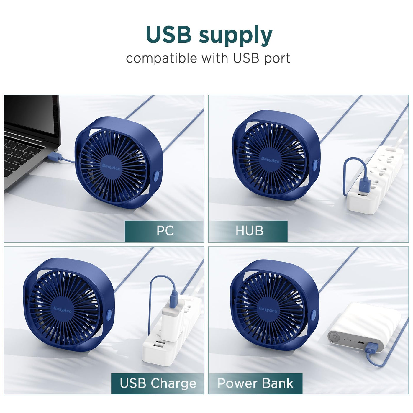 EasyAcc USB Ventilator, Mini Ventilator USB Tischventilator leise Klein 2 Jahre Garantie Starker Exquisit Lüfter 3 Geschwindigkeiten 360 Grad Drehung Desk Fan für Schreibtisch Zuhause Büro