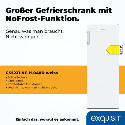 Exquisit Gefrierschrank NoFrost, Tiefkühlschrank groß, 161 Liter, Schnellgefrieren, Alarm-Funktion, GS5231-NF-H-040D weiss