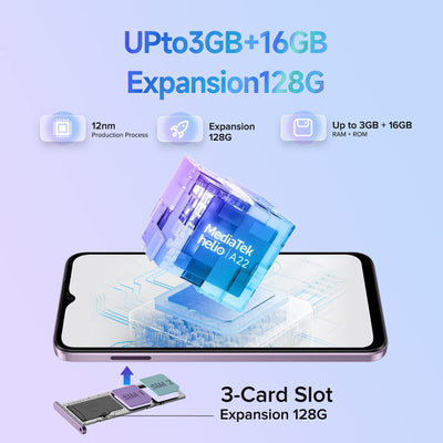 Ulefone Note 14 Handy Ohne Vertrag Günstig, Android 12 7GB+16GB/128GB erweiterbar 6,52 Zoll HD+ 4500mAh Smartphone Ohne Vertrag 8MP+5MP Kamera Dual SIM 4G Handys 3 Karte Slots Face ID GPS - Schwarz