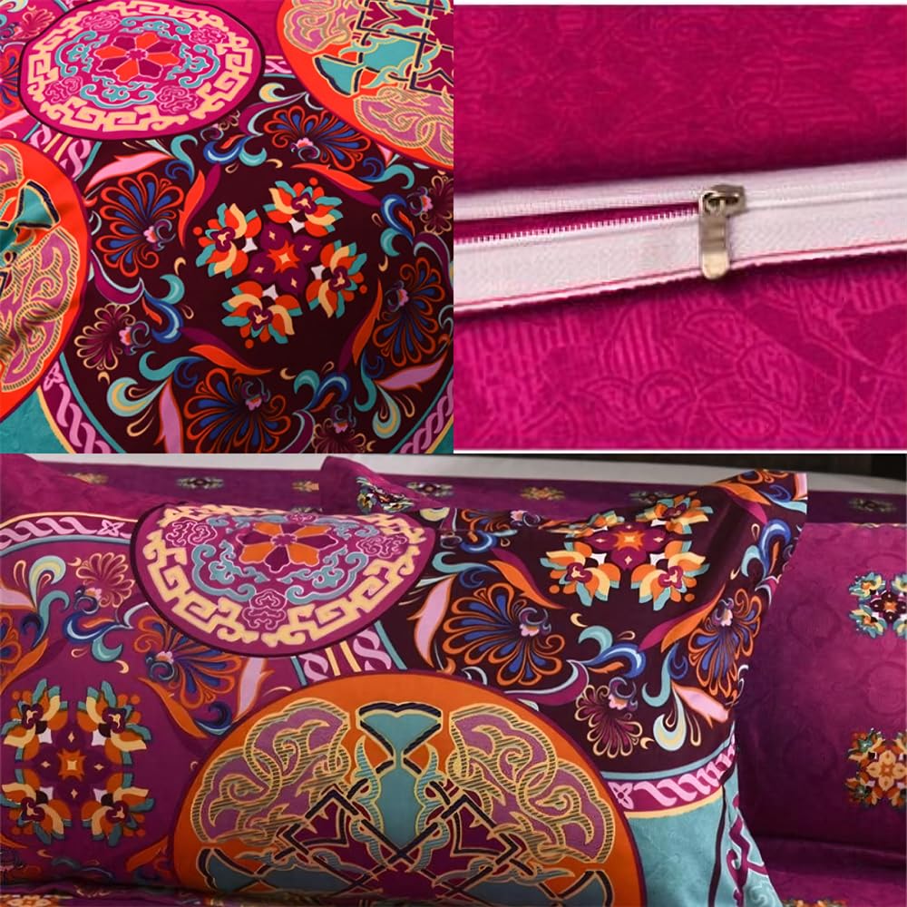 Freyamy Boho Bettwäsche 135x200 4teilig Indisch Exotische Vintage Bohemian Fuchsia Türkis Bunt Muster 100% Mikrofaser Bettbezug Kissenbezug 80x80 Böhmisch Bettbezüge