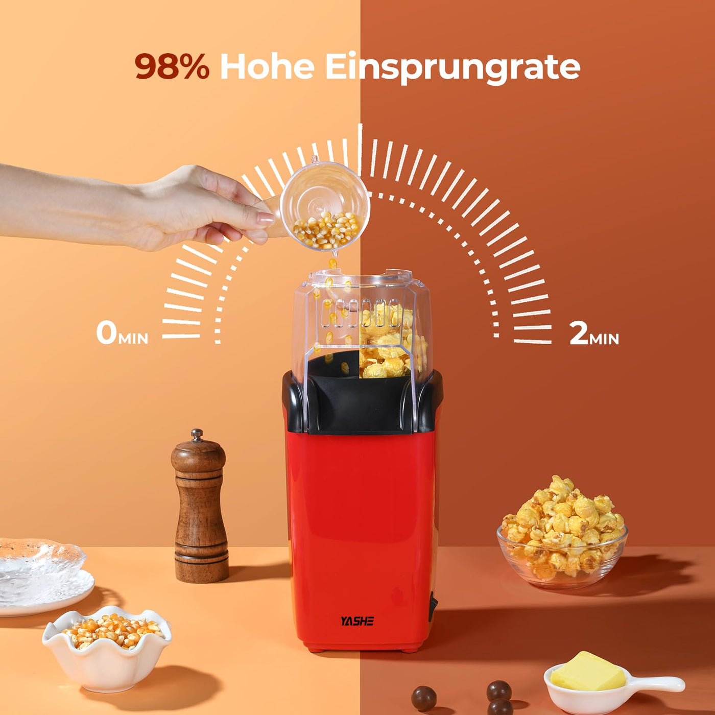 YASHE Popcornmaschine, 1200 W Heißluft Popcorn Maker, Elektrische Popcorn Maschinen, One-Touch-Bedienung, 2 Minuten, Gesund ohne Fett & Öl, Rot